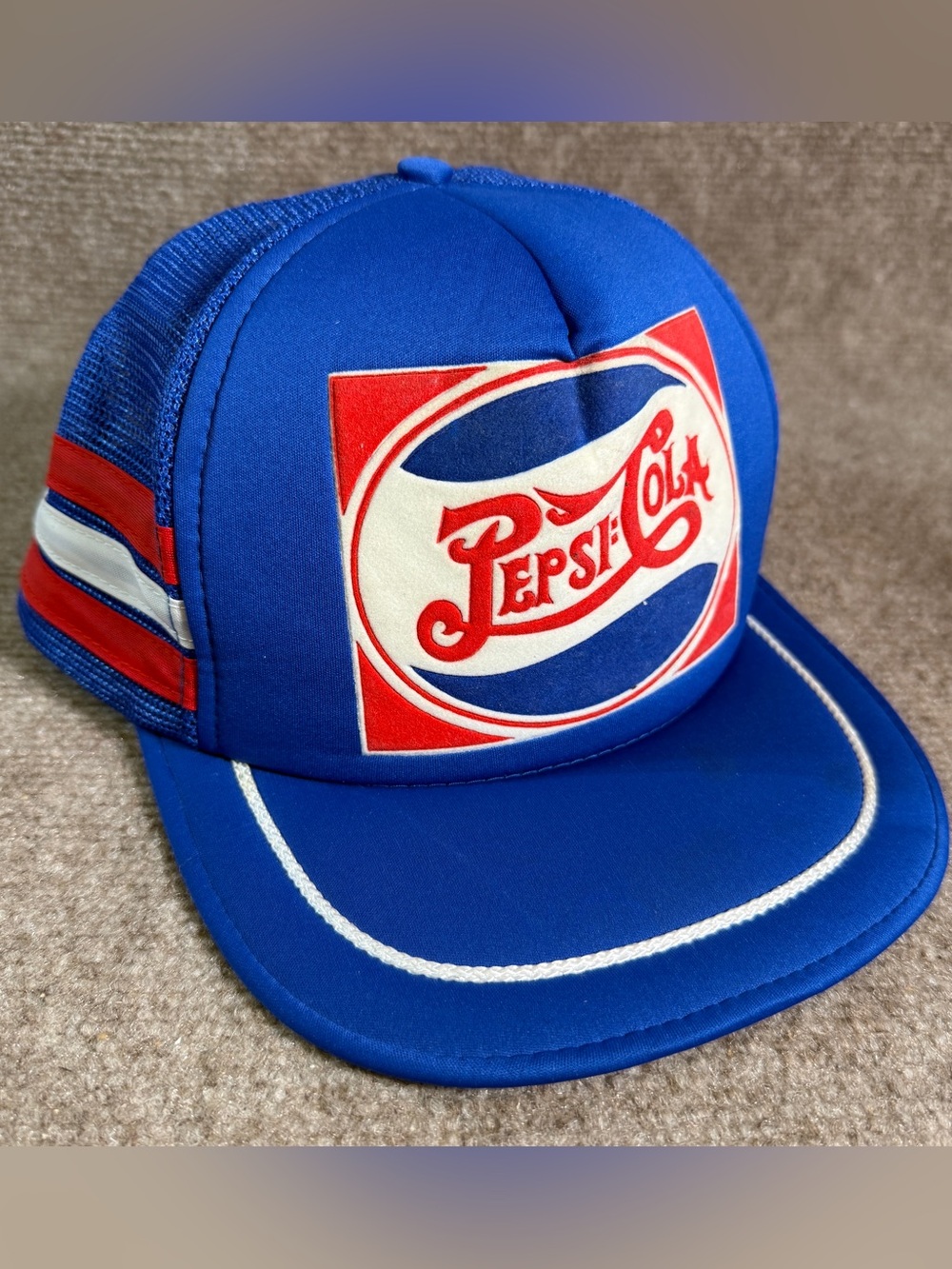 1980’s Pepsi Hat 3 Strip Blue Trucker Snapback Mesh Foam Cap Vintage 70’s / 80’s